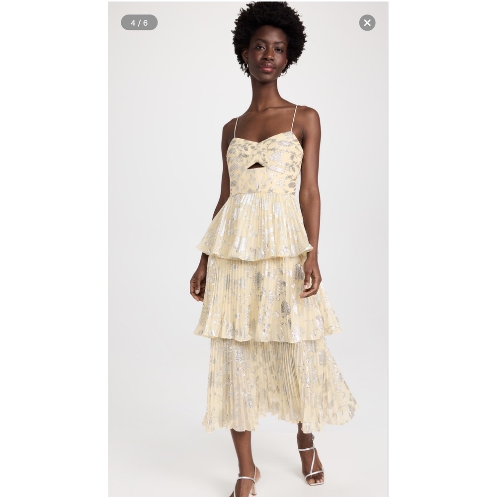 Self-Portrait Yellow Metallic Jacquard Tiered Midi Dress Cutout Womens 12